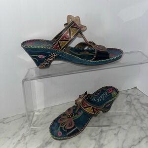 Elite By Corky's Size 7 ‎ Blue Painted Leather Slip On Sandals Heels Boutique